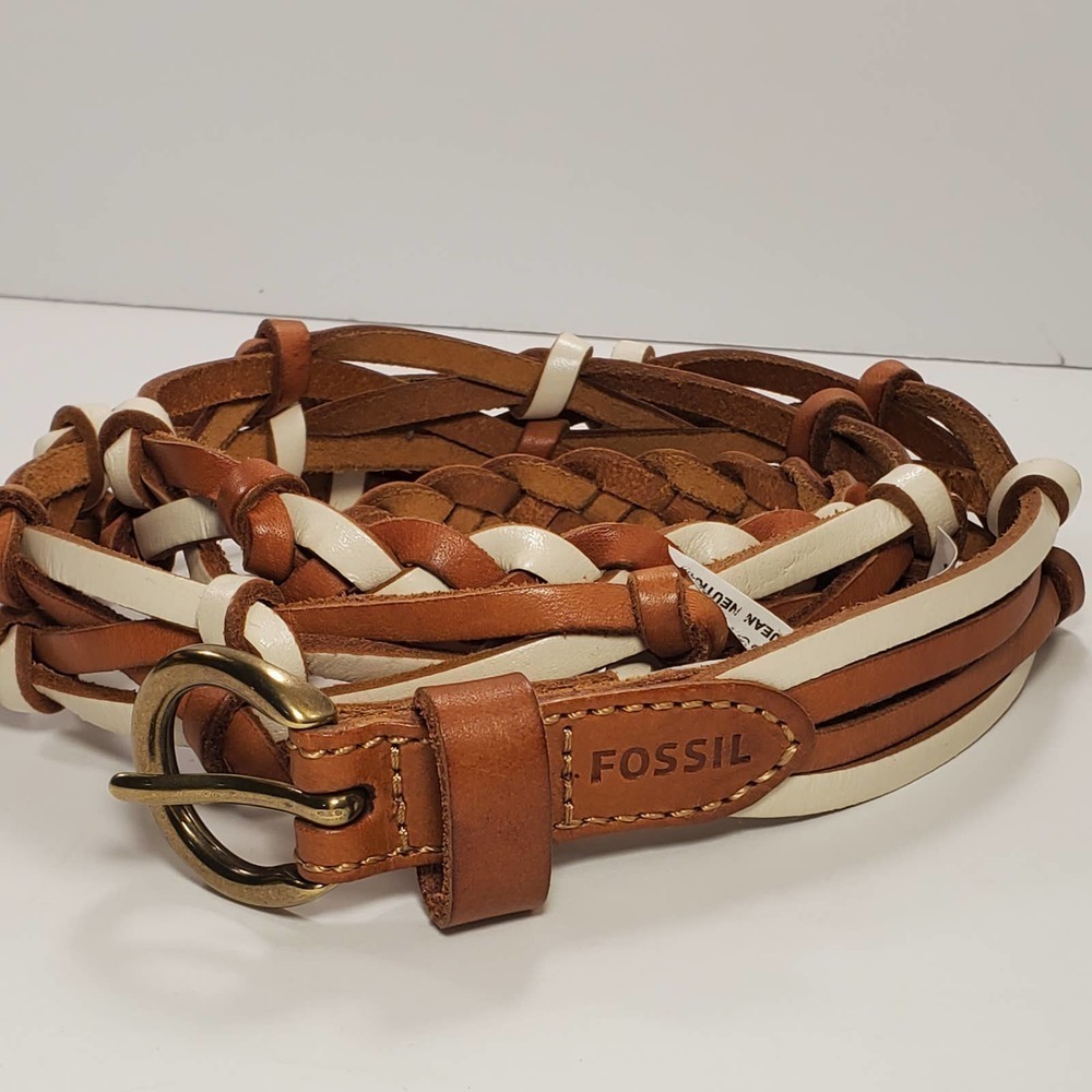 NWT Fossil Genuine Leather Brown Cream Braided Belt, sz M